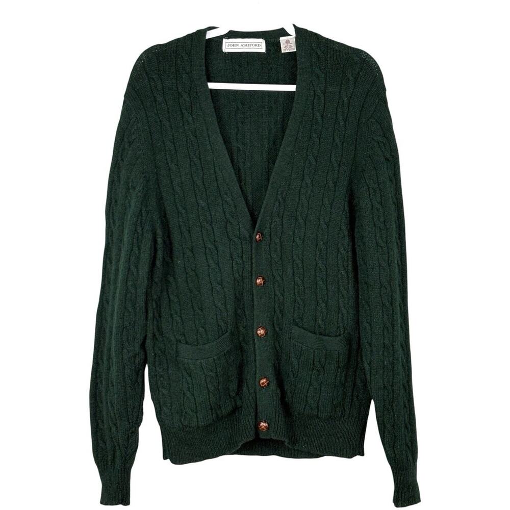 Vintage 80s Men’s Shetland Wool Cable Knit Cardigan Fisherman Forest Green Sz L